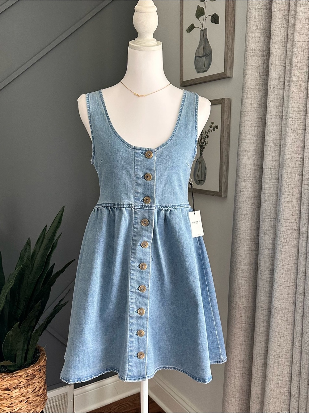 Forever 21 Light Blue Denim Tank Dress - Scoop Neck button down